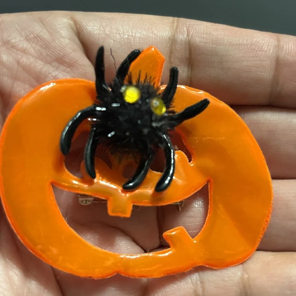1990s Halloween Orange Enamel Pumpkin Brooch Fuzzy Black Spider Pin